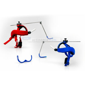 Pair of color-coded harnesses with metal bars and adjustable straps (red and blue) displayed on a white surface, likely a product photo.