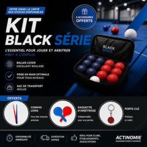 Advertisement for Kit Black Série billiard set featuring a carrying case with red and blue balls and a cue ball, promoting all-in-one play gear.